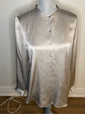 Eileen Fisher XS/TP Silk Metallic Silver Mandarin Collar Shirt